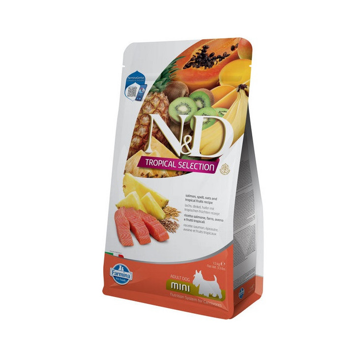 Сухий низькозерновий корм Farmina N&D TROPICAL SELECTION для дорослих собак дрібних порід з лососем і тропічними фруктами, 1,5 к