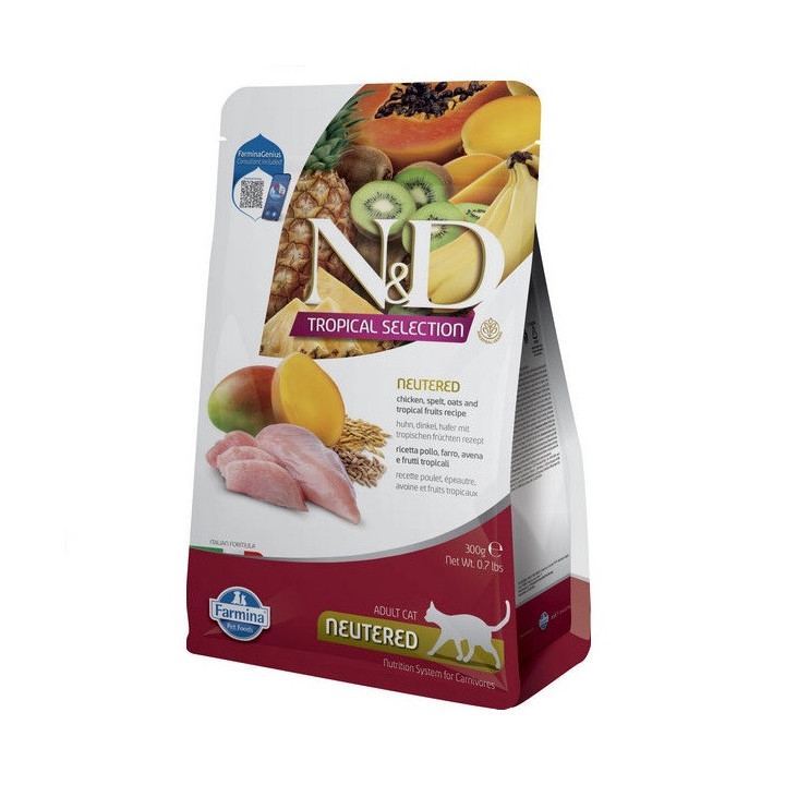 Сухий низькозерновий корм Farmina N&D TROPICAL SELECTION для стерилізованих дорослих котів, курка з тропічними фруктами, 300 г