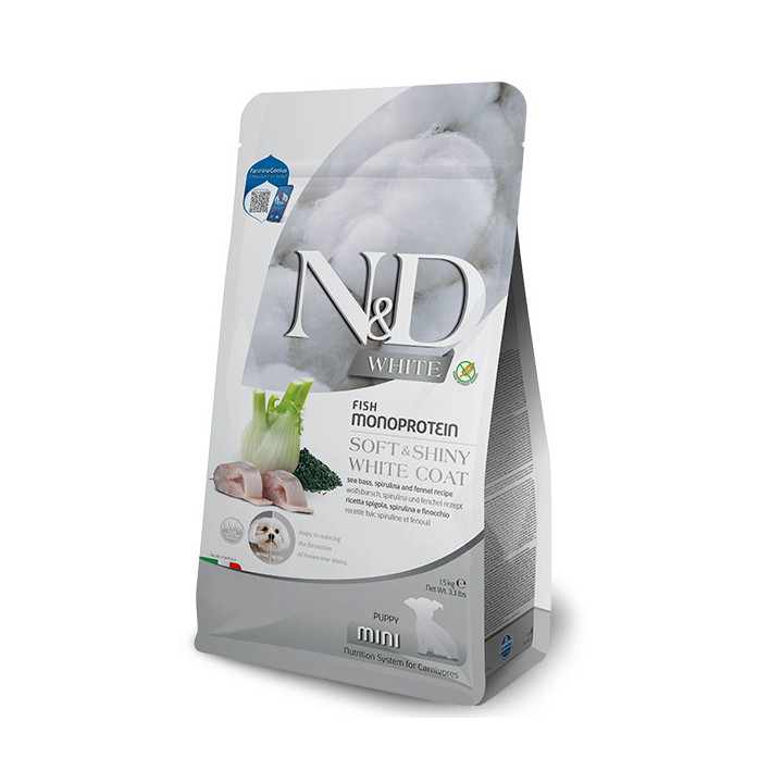 Сухий беззерновий корм Farmina N&D WHITE для цуценят дрібних порід із білою шерстю з сібасом, спіруліною та фенхелем, 1,5 кг