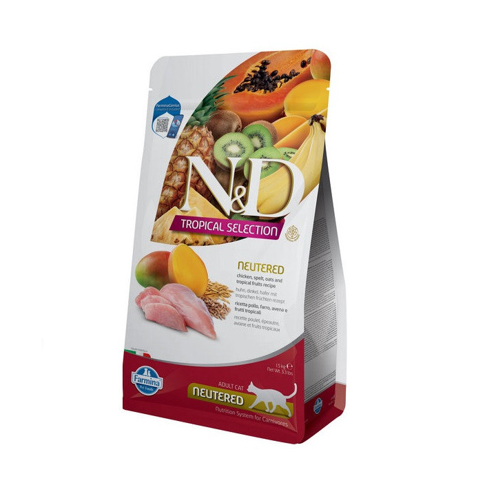 Сухий низькозерновий корм Farmina N&D TROPICAL SELECTION для стерилізованих дорослих котів, курка з тропічними фруктами, 1,5 кг