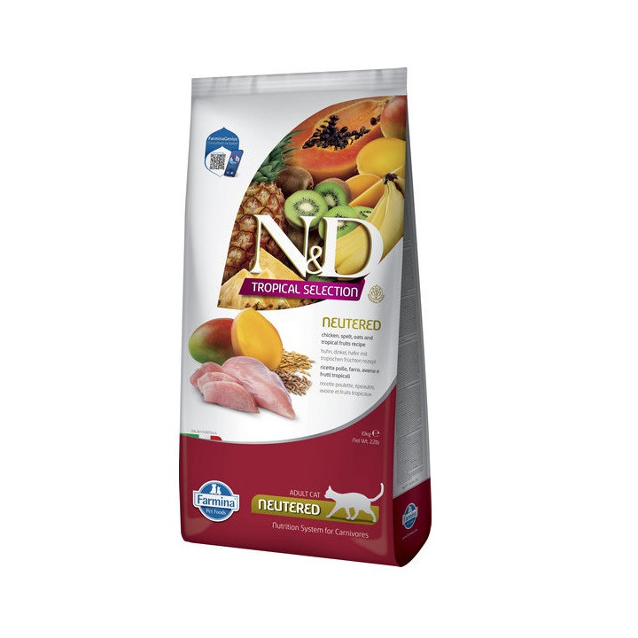 Сухий низькозерновий корм Farmina N&D TROPICAL SELECTION для стерилізованих дорослих котів, курка з тропічними фруктами, 10 кг