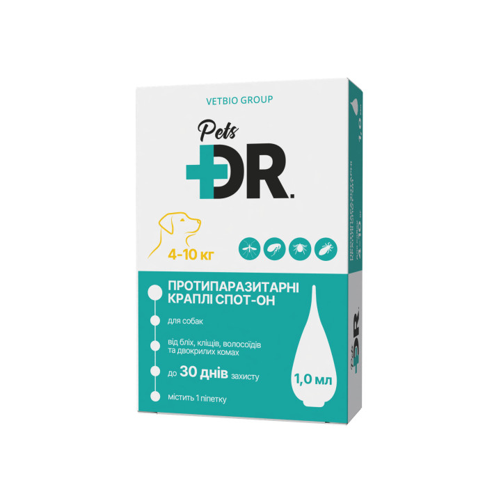 Dr.Pets краплі від бліх та кліщів для собак від 4 до 10 кг - купити захист на 30 днів