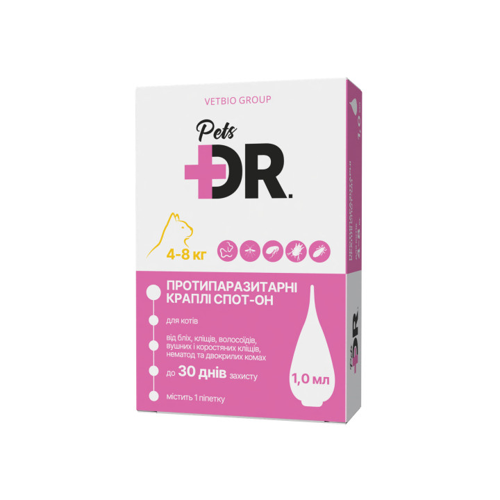 ДокторПетс (Dr.Pets) краплі спот-он для Котів від 4 до 8 кг від бліх, кліщів та глистів
