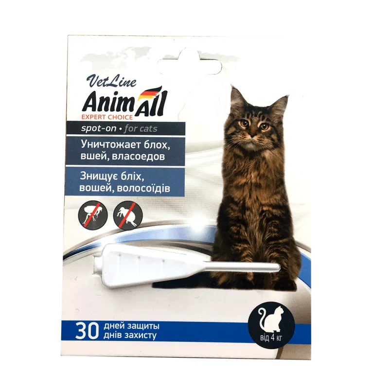 Краплі AnimAll VetLine Спот-Он проти бліх, вошей, волосоїдів для котів від 4 до 10 кг, 1 мл