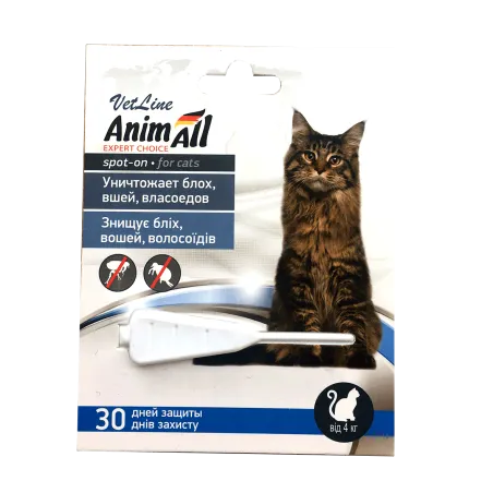 Краплі AnimAll VetLine Спот-Он проти бліх, вошей, волосоїдів для котів від 4 до 10 кг, 1 мл